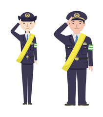 交通安全のたすきをかけて敬礼している警察官たち（文字なし）
