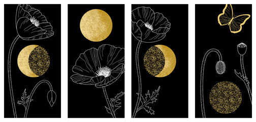 4 illustrations pour former une seule image - une œuvre artistique en hommage à la nature avec une lune or, croissante et décroissante, et des coquelicots aux contours blancs sur un fond noir. © ID-EasyDoor