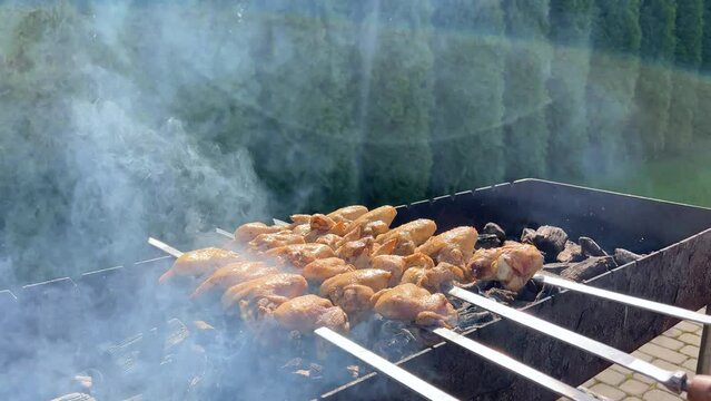 Preparation of chicken wings outdoors. Bbq chicken wings. Picnic concept. 