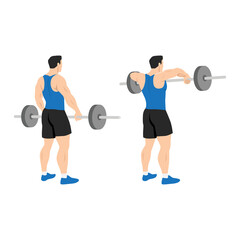 Man doing barbell upright row exercise flat vector illustration isolated on white background