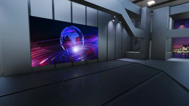 3D Virtual TV Studio News, Backdrop For TV Shows .TV On Wall.3D Virtual News Studio Background, Loop	