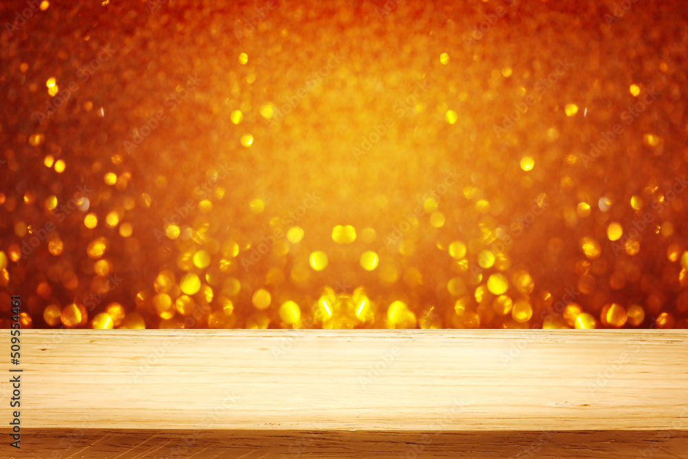 Poster empty wood table top on golden bokeh abstract background for montage products display new year,chris
