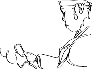 Continuous line illustration of a black guy, in profile, from the waist up, with bandana looking at his smartphone.