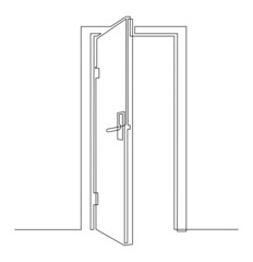 Hall with open front door. Entrance to a room or office. Continuous line drawing.