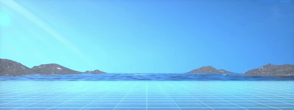 abstract beach with grid and ocean in blue sky 3d rendered
