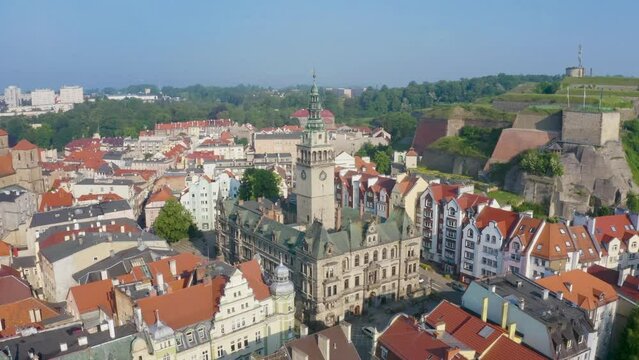 Klodzko, Poland. Aerial view of historic Town Hall located on Market square
