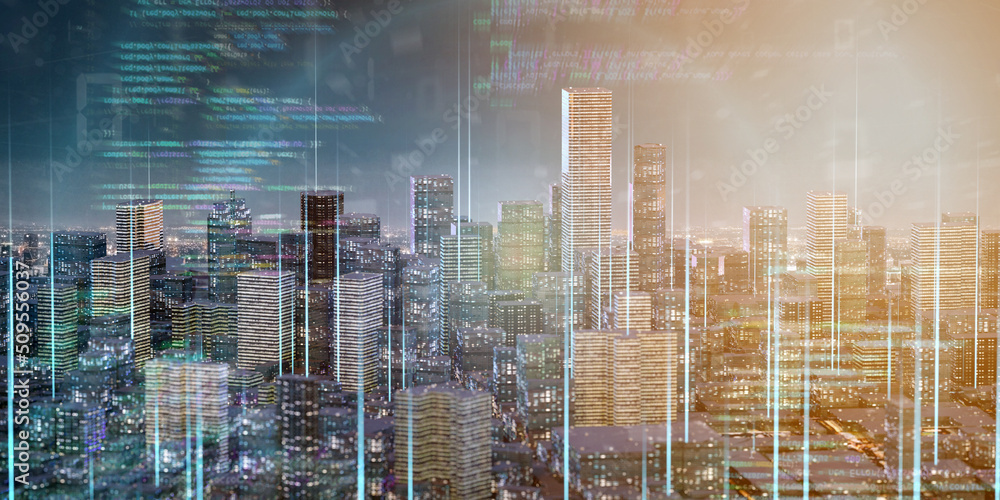 Poster smart city with network and communication connection - 3d rendering