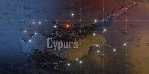 Cyprus map with cities. Luminous dots - neon lights on dark background. 3d render illustration.