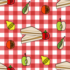 Seamless picnic pattern. Vector cheese sandwich and tomato surrounded by vector fruits arranged in an octagonal shape. Minimalist and simplistic style food design with red checked picnic blanket.
