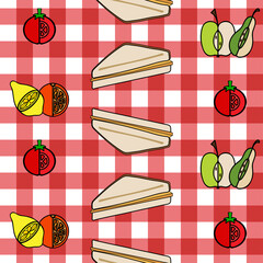Picnic food pattern with a red checked background. Repeating linear sandwich and fruit images in strips on top of check style picnic blanket.