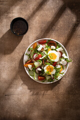 A fresh salad of greens, cucumbers, radishes, tomatoes and feta with eggs is in a white plate on a wooden brown table