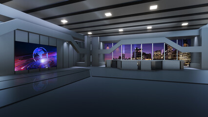 3D Virtual TV Studio News, Backdrop For TV Shows .TV On Wall.3D Virtual News Studio Background, Loop	