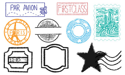 Set of vintage style postage stamp vector images. Pick and mix collection of illustrations to give a shabby chic effect for latest design project.