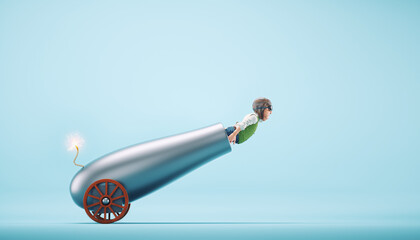 Man inside a cannon ready to launch.