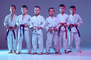 Group of kids, preschool age boys, taekwondo athletes in white doboks standing together isolated on...