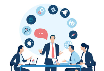 The leader, team and rotating business icons. Business strategy illustration. Vector illustration.