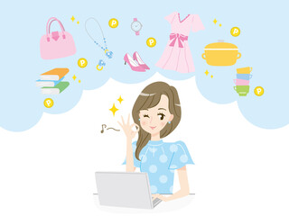 パソコンでネットショップする若い女性