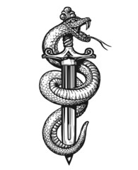 Hand drawing snake wrapped around dagger. Tattoo vector illustration in vintage engraving style