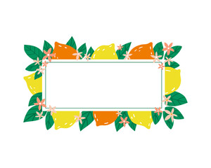 Summer frame with tropical lemon fruits. flowers and leaves. Vector template illustration in doodle style for sales banner, cards or printing on any surface