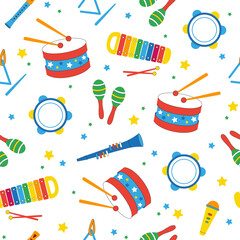 Cute seamless pattern with kids musical instruments drawn in cartoon style. Funny vector backdrop for baby textile, wrapping paper, printing on any surface