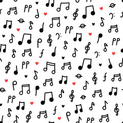 Seamless pattern with black musical notes on white background. Vector backdrop illustration hand drawn in doodle style