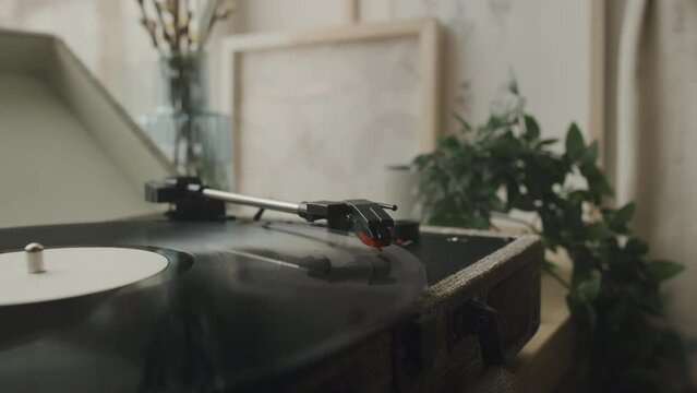 No People Closeup Of Retro Style Vinyl Record Player On Windowsill Playing Song