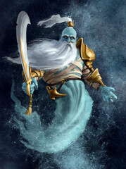 A fantasy character with a long, thick, gray beard and a ponytail on his head hovers in the air with a large saber in his hand. A kind old Djinn in golden armor and bandages with a lamp on his belt.