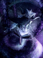 A dark Genie with a long smoky tail and a thick black beard casts magic from an ancient spell book. A fantasy character with tattoos and sharp spikes on his body, with twisted horns and symbols.