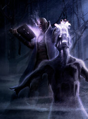 A student of dark magic with fangs and a beard, revives a dead man at night in the scary forest. A young necromancer in a long robe with smoking eyes sorcery from an ancient book with terrible spells.