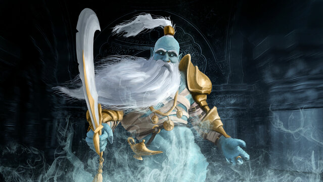 Good old Genie in close-up with a thick, gray beard, a long ponytail on his head and blue eyes in an ancient temple. Fantasy character in golden armor with a lamp on his belt and a saber in his hand.