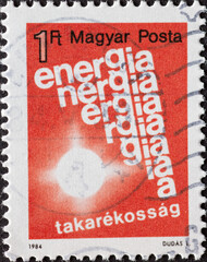 HUNGARY - CIRCA 1984: a postage stamp from HUNGARY, showing a text graphic on Energy Conservation....