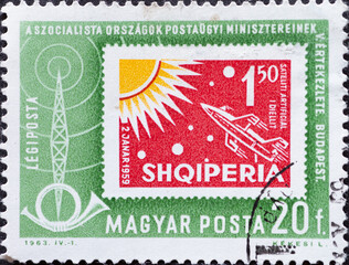 HUNGARY - CIRCA 1963: a postage stamp from HUNGARY, showing Albania, Conf. of Postal Ministers of Communist Countries. Circa 1963
