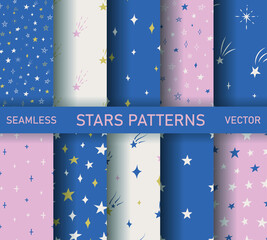 Set of seamless vector stars patterns. Collection of starry backgrounds for design, fabric, textile, cover, wrapping.