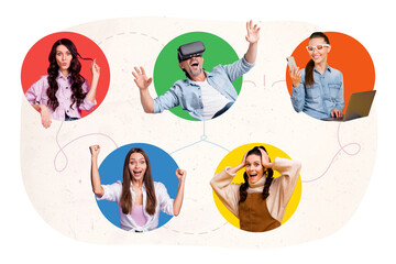 Trend creative poster of people excited global interaction using tech gadgets speak worldwide isolated color background