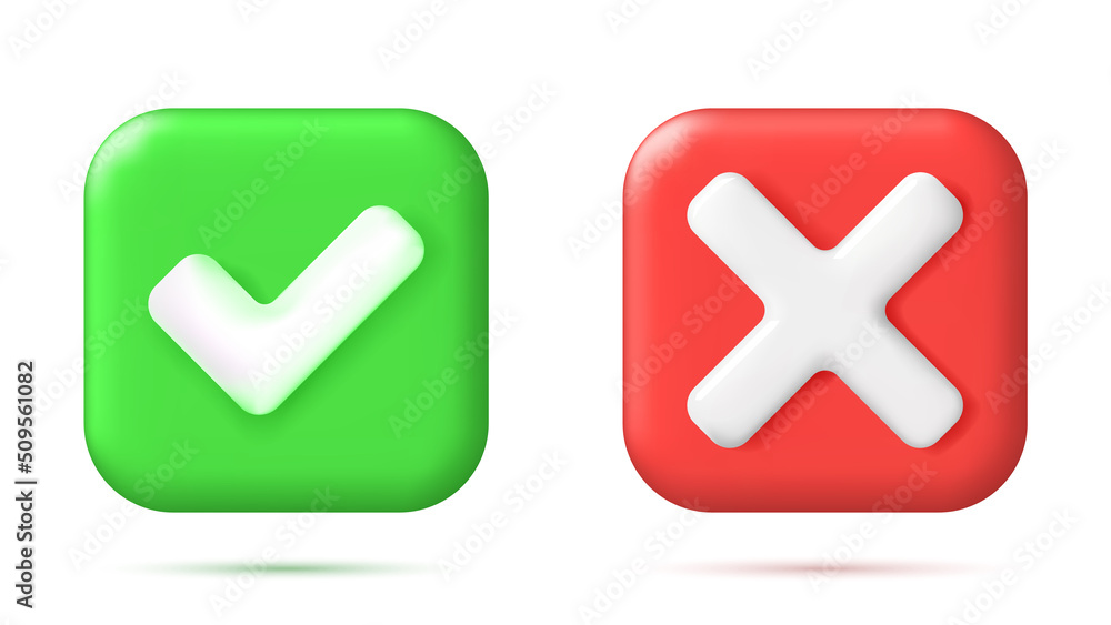 Poster 3d right and wrong button in square shape.