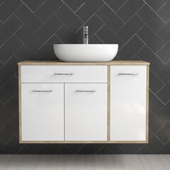 Bathroom cabinet with drawers. With white ceramic sink and chrome faucet. Bathroom interior with black wall tiles. 3d render illustration