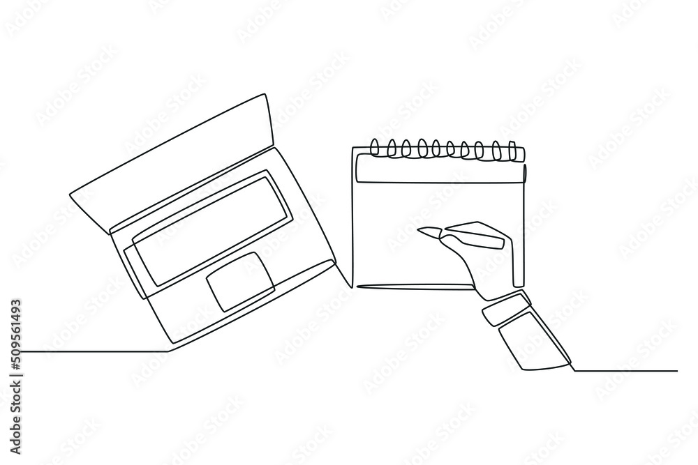 Fototapete single one line drawing hand with pen mark calendar and checking with laptop. planning and schedulin