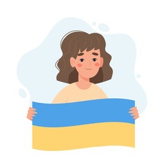 Support Ukraine, woman holding Ukrainian flag. Donating and volunteering concept. Vector illustration in flat cartoon style