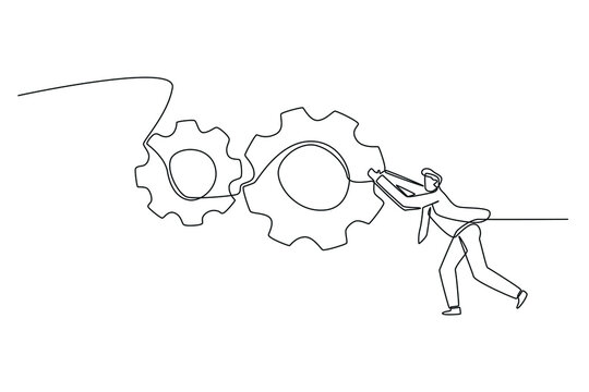 Single one line drawing Businessman using hand to turn a group of gears. Efficiency working process concept. Continuous line draw design graphic vector illustration.