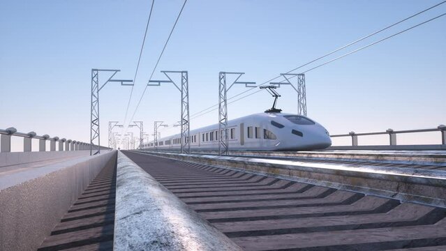 high speed train driving on electrified railway abstract 3d rendered
