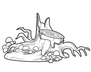 Old low stump with toadstools and moss linear drawing for coloring isolated on white background