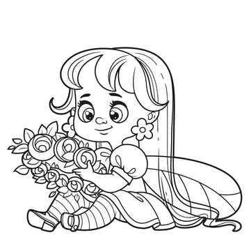 Cute cartoon little fairy sits on the floor and weaves a wreath outlined for coloring on white background