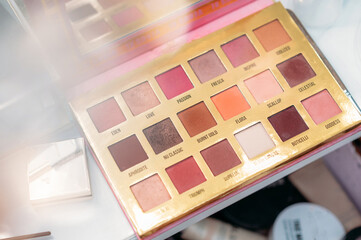 makeup brushes are in a drawer at the makeup artist's workplace. close-up