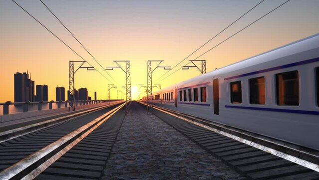 high speed train driving on electrified railway abstract 3d rendered
