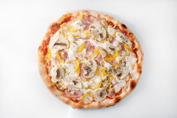 Italian pizza with olives, onions and peppers close-up.