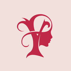 Beauty salon, spa vector logo.Letter Y with swirls and woman portrait with wavy hair.Hairstyle icon.Red alphabet initial.Decorative, elegant style.	