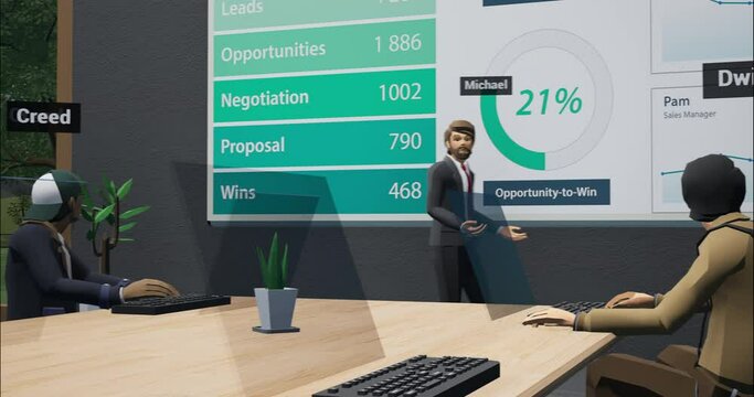 POV Person using VR headset during a business meeting in a virtual metaverse office, discussing company financial sales report stats. Generic 3d rendering