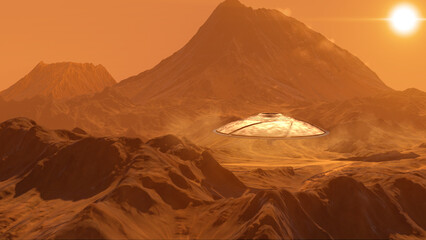 3d rendering, Massive Ufo saucer hovering over mountain on planet mars, 3d illustration © ImageBank4U