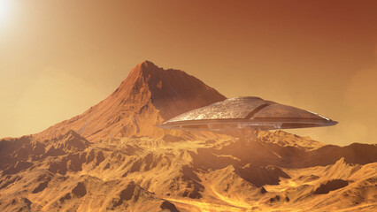 3d rendering,Flying saucer ufo crashing on planet mars surface, 3d illustration © ImageBank4U