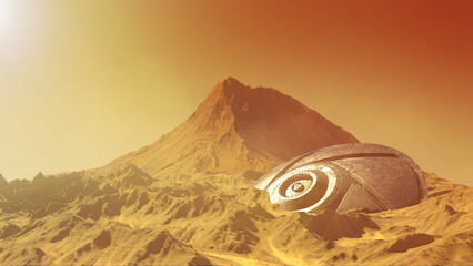 3d rendering,Flying saucer ufo crashing on planet mars surface, 3d illustration